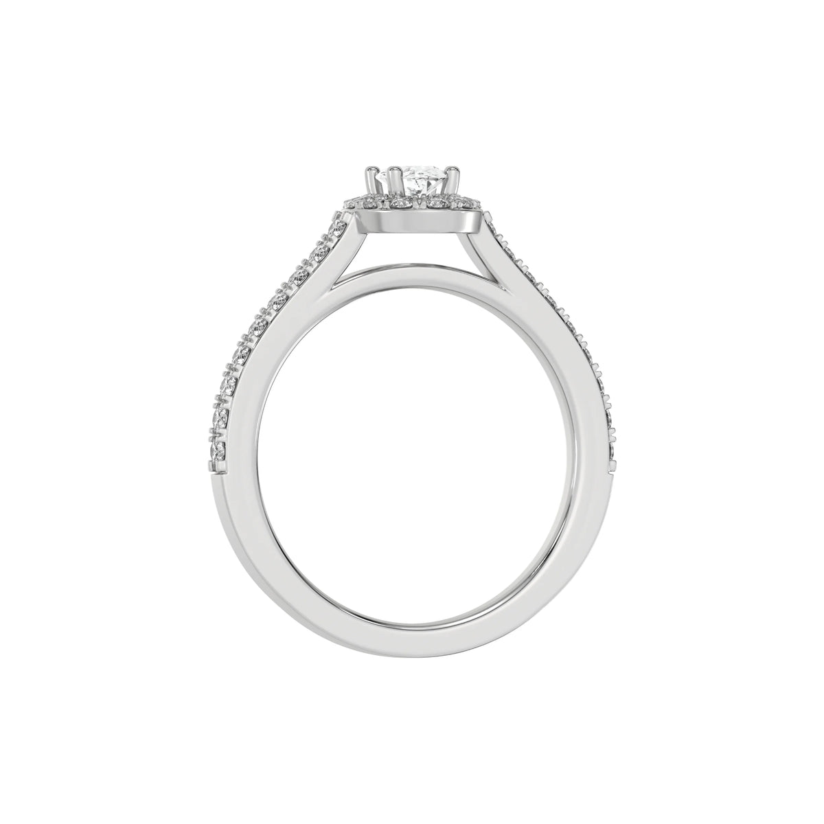 This white gold Oval Diamond Halo Engagement Ring is made with an oval solitaire diamond set in a four-prong setting, surrounded by a halo of round diamonds all set on a pave band in through finger view