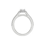 This white gold Oval Diamond Halo Engagement Ring is made with an oval solitaire diamond set in a four-prong setting, surrounded by a halo of round diamonds all set on a pave band in through finger view