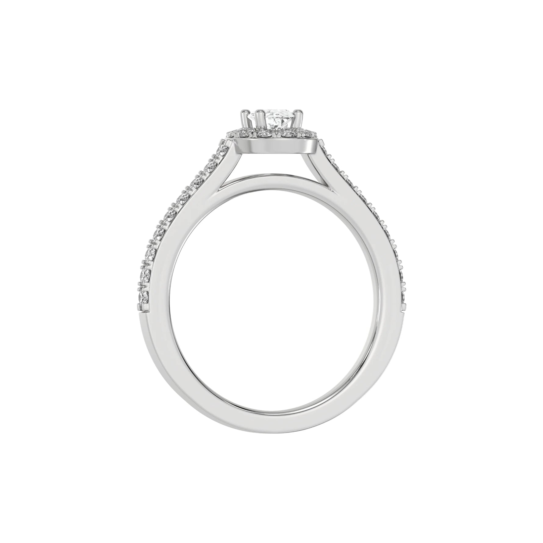 This white gold Oval Diamond Halo Engagement Ring is made with an oval solitaire diamond set in a four-prong setting, surrounded by a halo of round diamonds all set on a pave band in through finger view