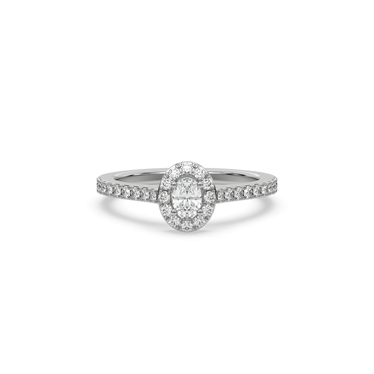 This white gold ring displayed in front view is made with a oval solitaire diamond set in four-prong setting