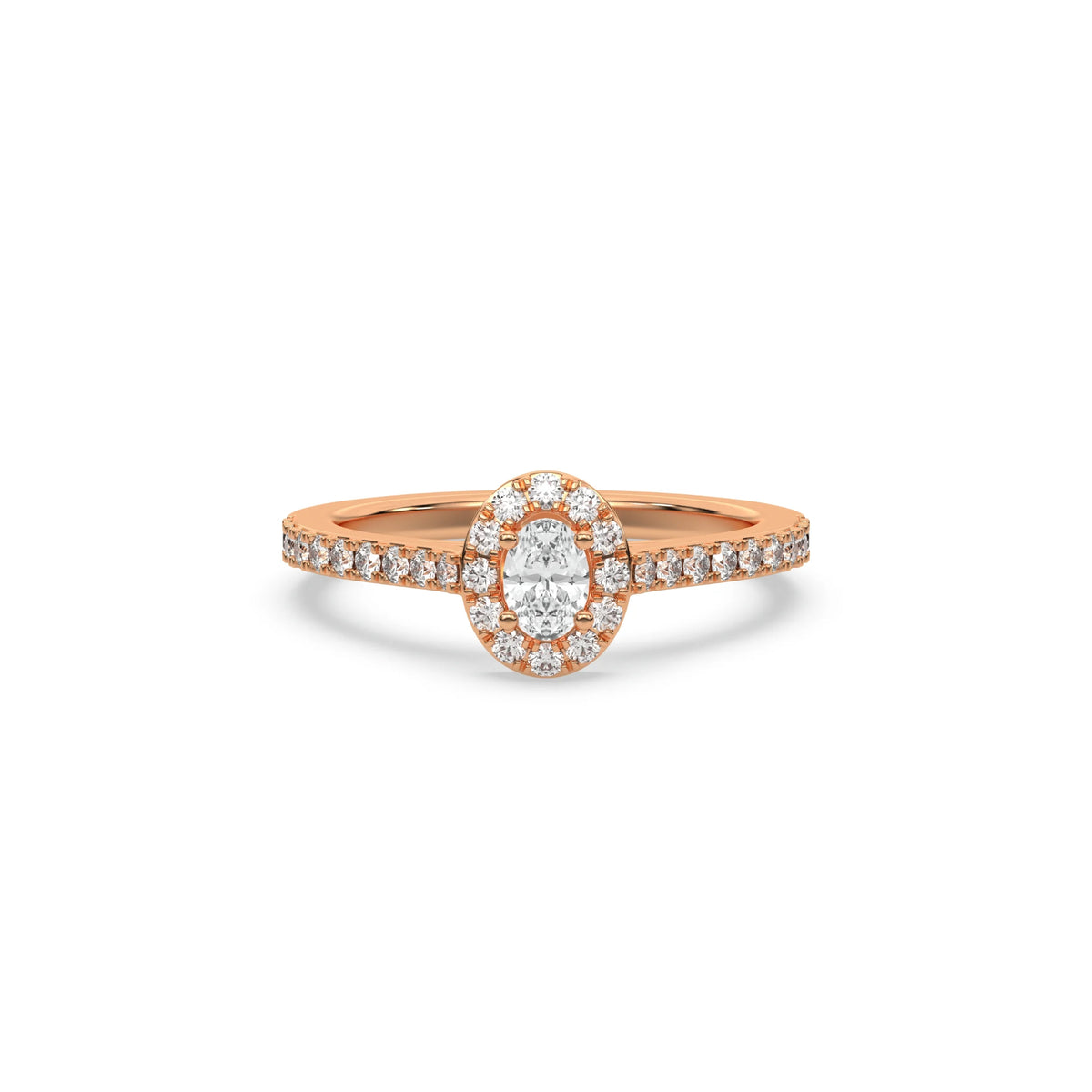 This rose gold ring displayed in front view is made with a oval solitaire diamond set in four-prong setting