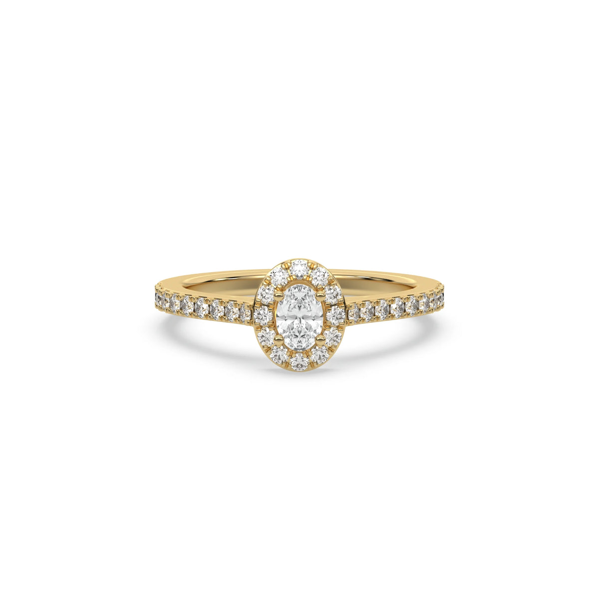 This yellow gold ring displayed in front view is made with a oval solitaire diamond set in four-prong setting