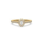 This yellow gold ring displayed in front view is made with a oval solitaire diamond set in four-prong setting