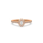 This rose gold ring displayed in front view is made with a oval solitaire diamond set in four-prong setting