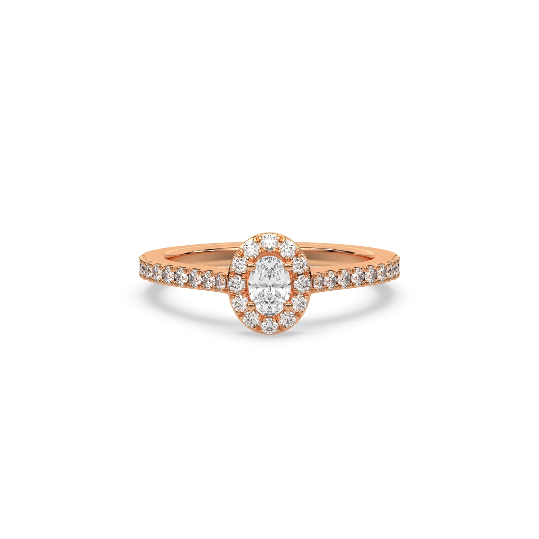 This rose gold ring displayed in front view is made with a oval solitaire diamond set in four-prong setting