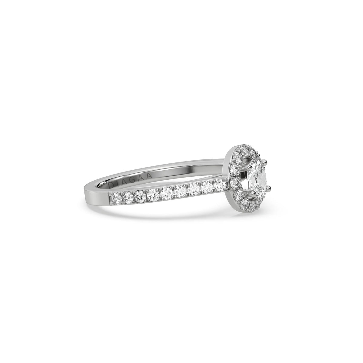 This white gold ring displayed in side view is made with a oval solitaire diamond set in four-prong setting