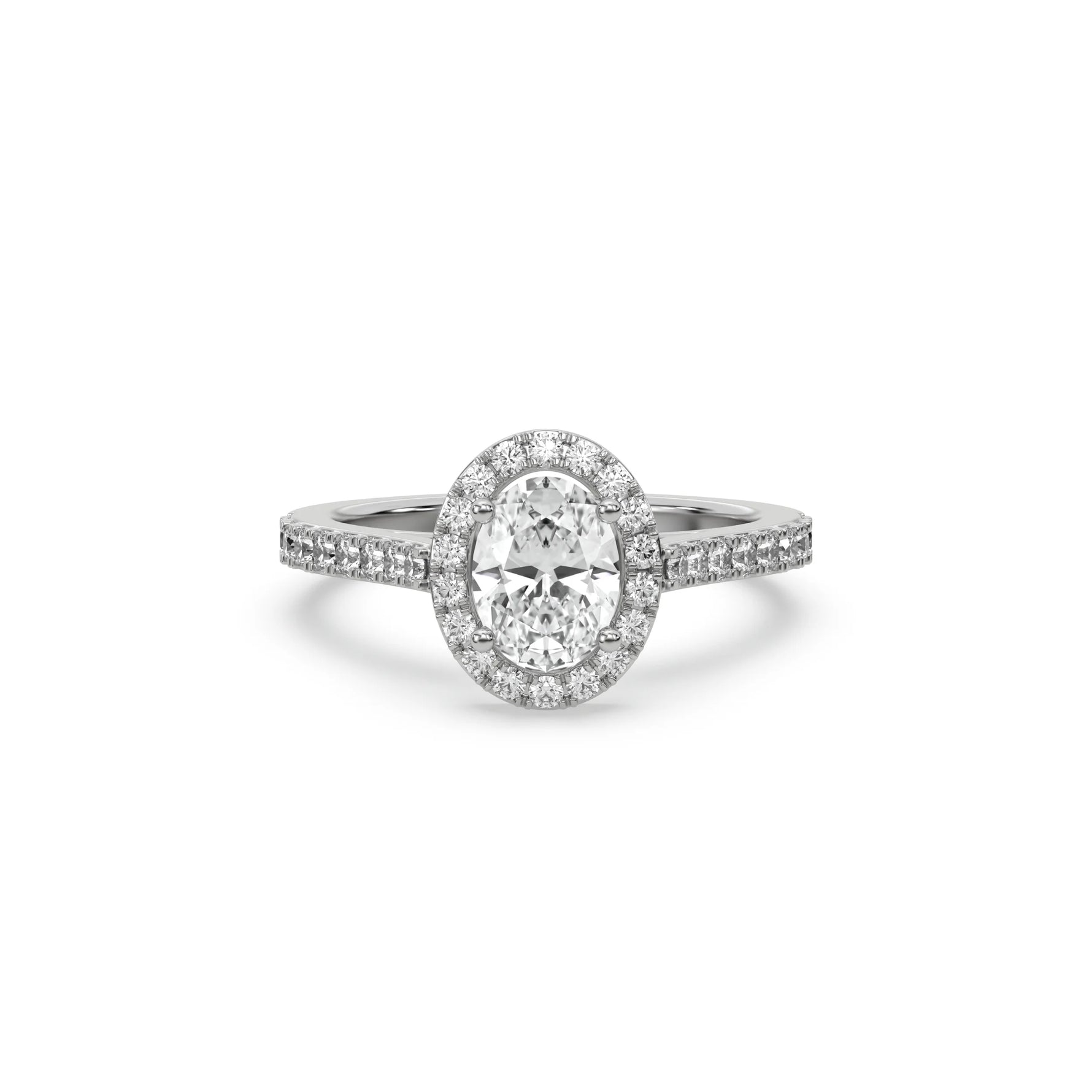 This white gold ring displayed in front view is made with a oval solitaire diamond set in four-prong setting