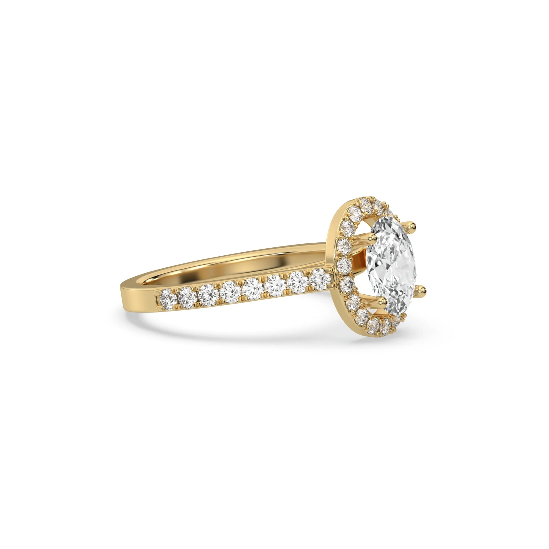 This yellow gold ring displayed in side view is made with a oval solitaire diamond set in four-prong setting