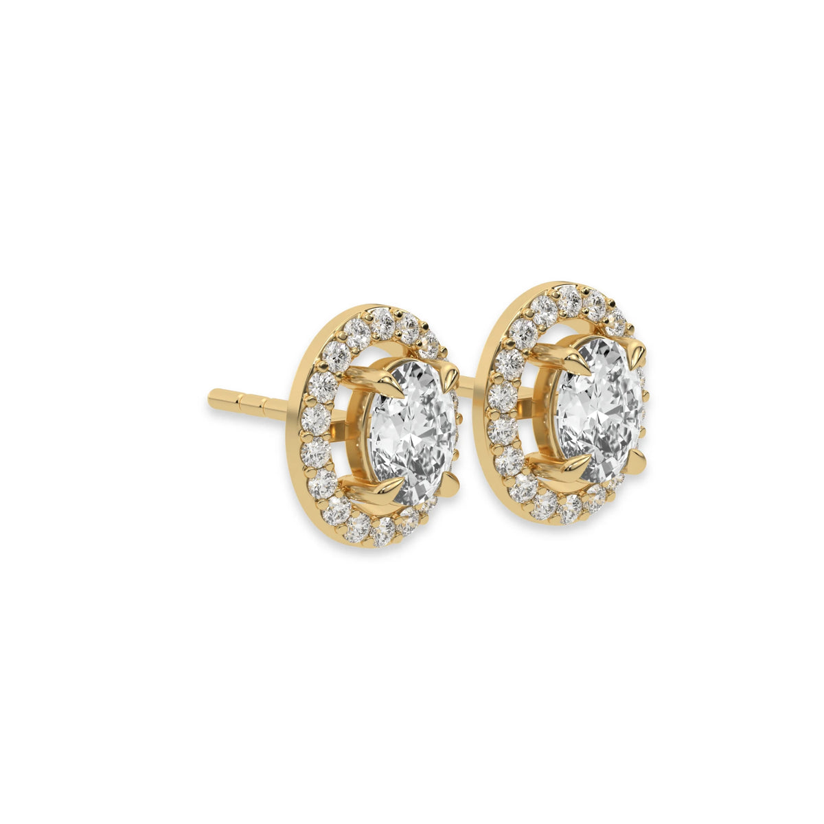 This yellow gold Classic Oval Diamond Halo Earrings made with an oval-cut solitaire diamonds set in a four prong setting in side view