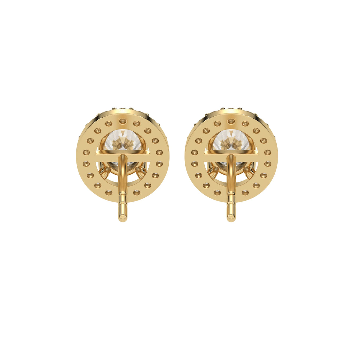 This yellow gold Classic Oval Diamond Halo Earrings made with an oval-cut solitaire diamonds set in a four prong setting in back view