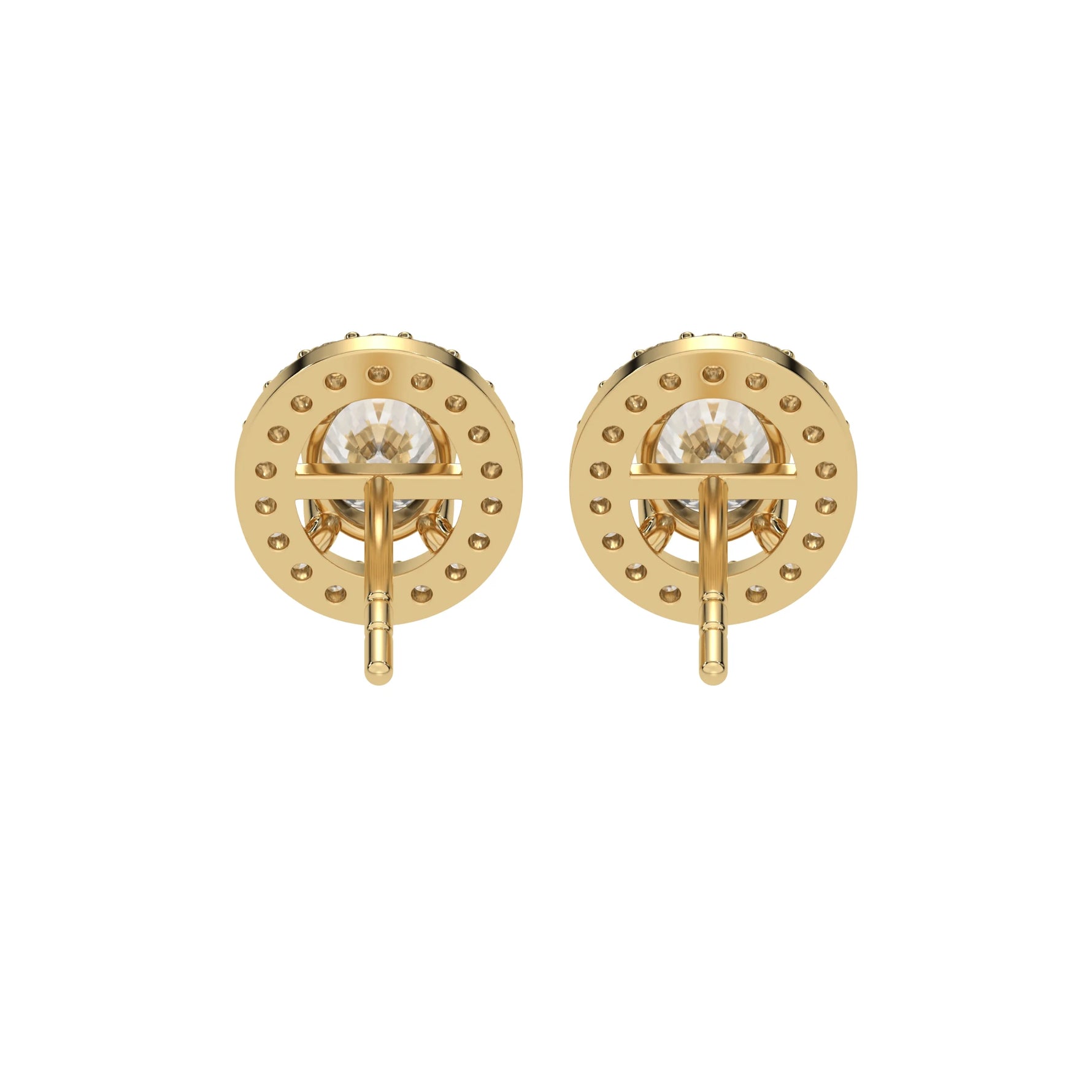 This yellow gold Classic Oval Diamond Halo Earrings made with an oval-cut solitaire diamonds set in a four prong setting in back view