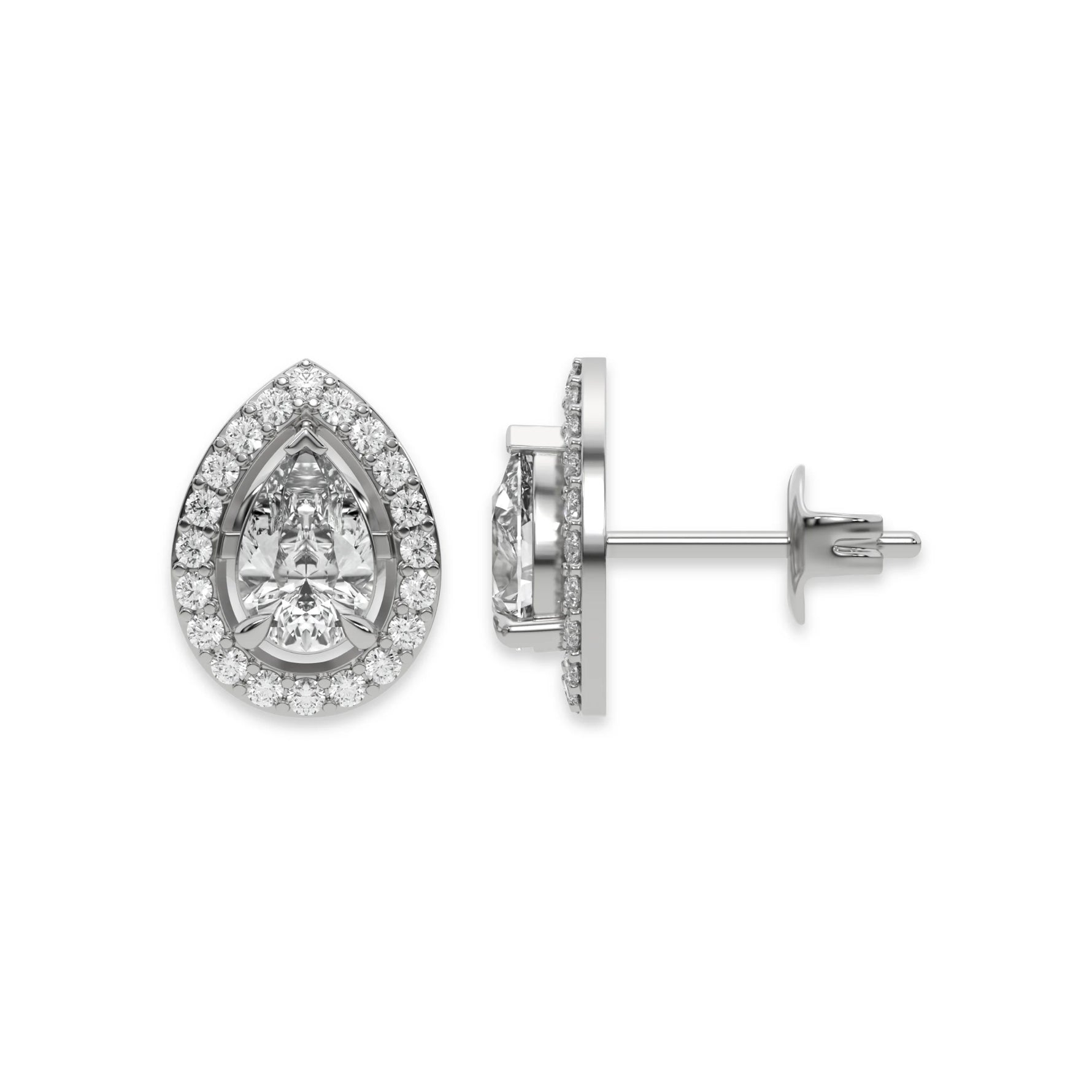 This white gold Classic Pear Diamond Halo Earrings made with a pear-cut solitaire diamonds set in a four prong setting in top view and side view