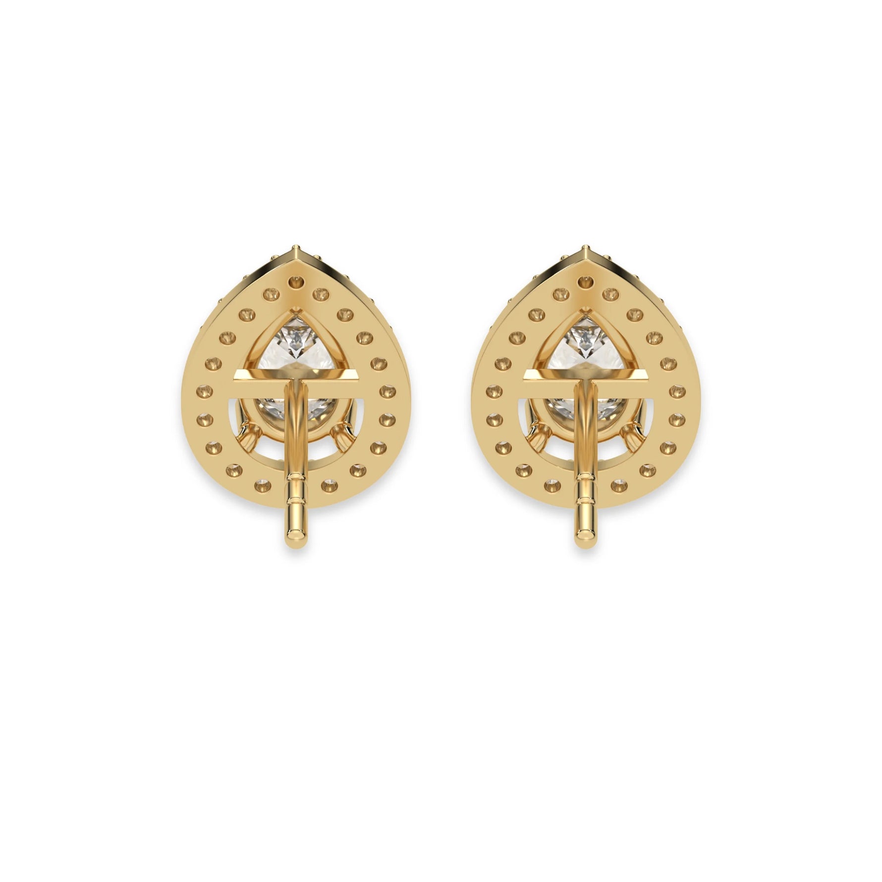 This yellow gold Classic Pear Diamond Halo Earrings made with a pear-cut solitaire diamonds set in a four prong setting in back view