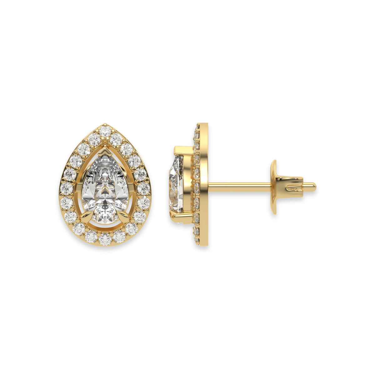 This yellow gold Classic Pear Diamond Halo Earrings made with a pear-cut solitaire diamonds set in a four prong setting in top view and side view