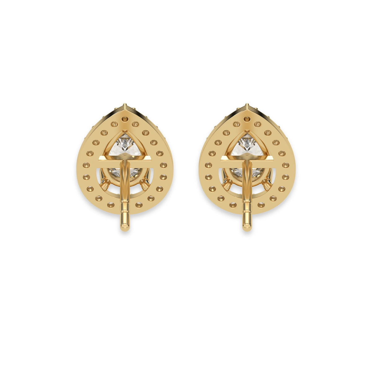 This yellow gold Classic Pear Diamond Halo Earrings made with a pear-cut solitaire diamonds set in a four prong setting in back view