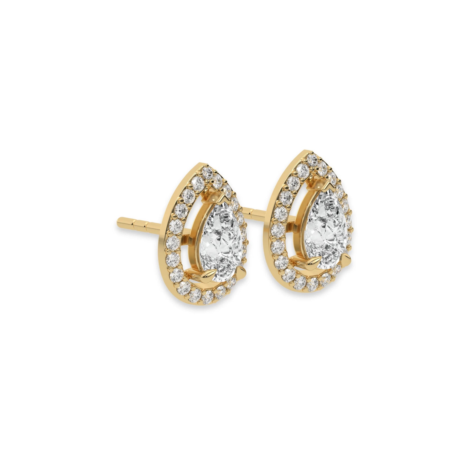 This yellow gold Classic Pear Diamond Halo Earrings made with a pear-cut solitaire diamonds set in a four prong setting in side view