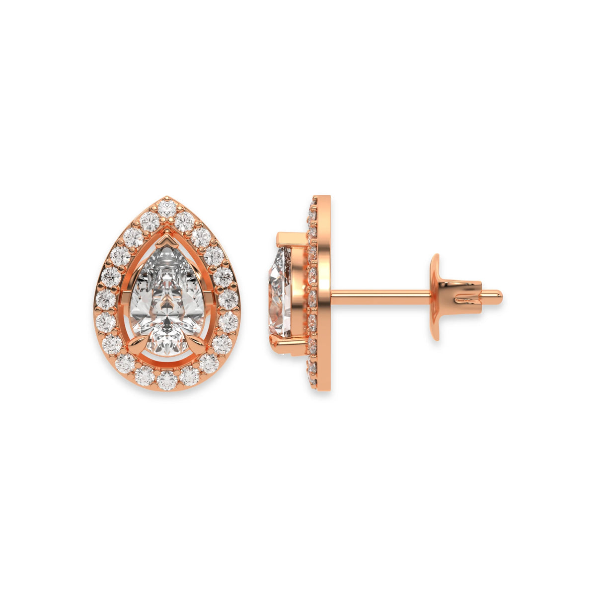 Pair of rose gold pear-shaped halo setting solitaire diamond stud earrings in a round diamond pave set earring with shown from front and side profile views.