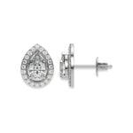 Pair of white gold pear-shaped halo setting solitaire diamond stud earrings in a round diamond pave set earring with shown from front and side profile views.