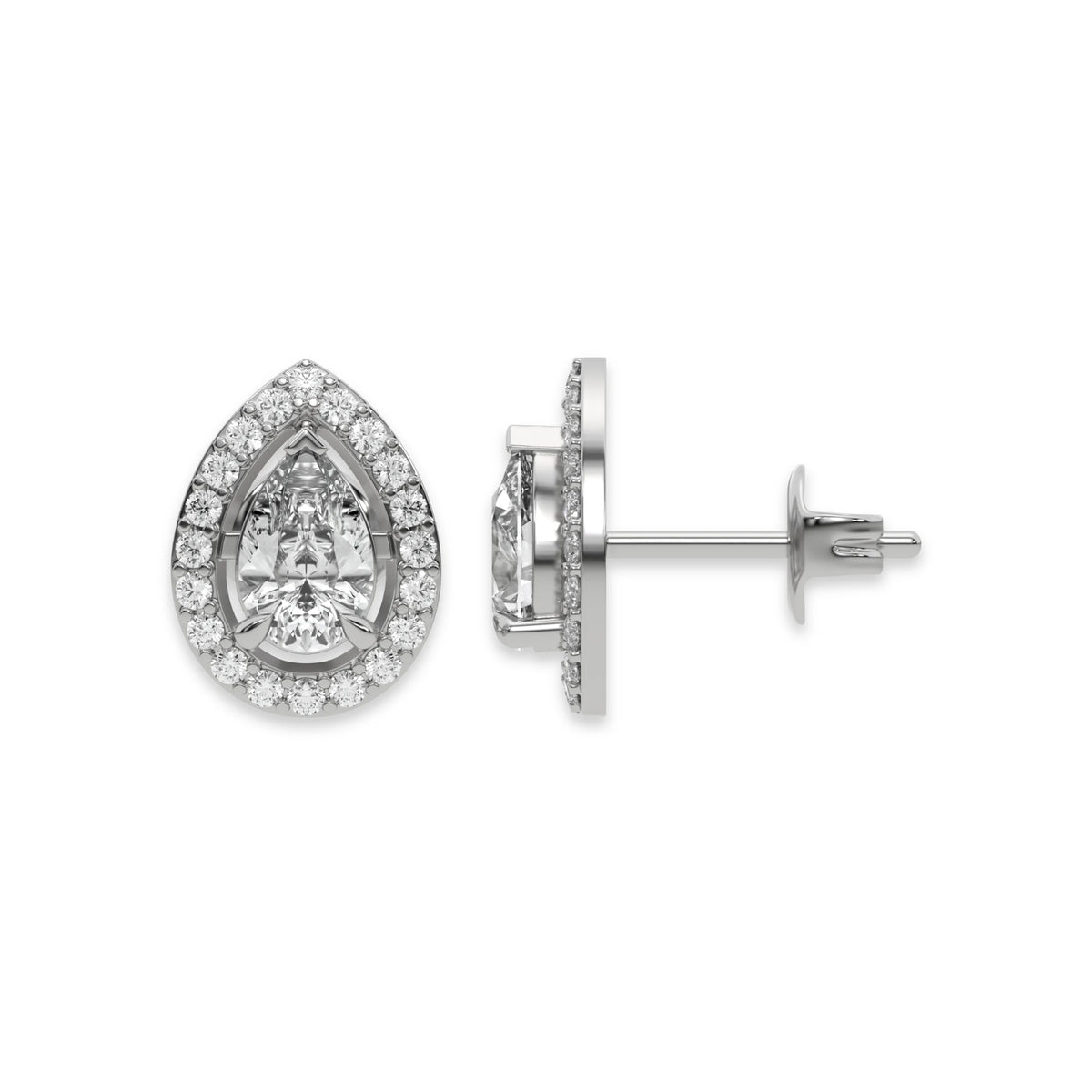 Pair of white gold pear-shaped halo setting solitaire diamond stud earrings in a round diamond pave set earring with shown from front and side profile views.