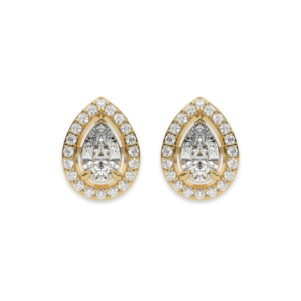 10k yellow gold Pear shaped Diamond Halo solitaire Earrings set in a four prong setting