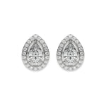 Pair of yellow gold pear-shaped halo setting solitaire diamond stud earrings in a round diamond pave set earring with shown from front view.