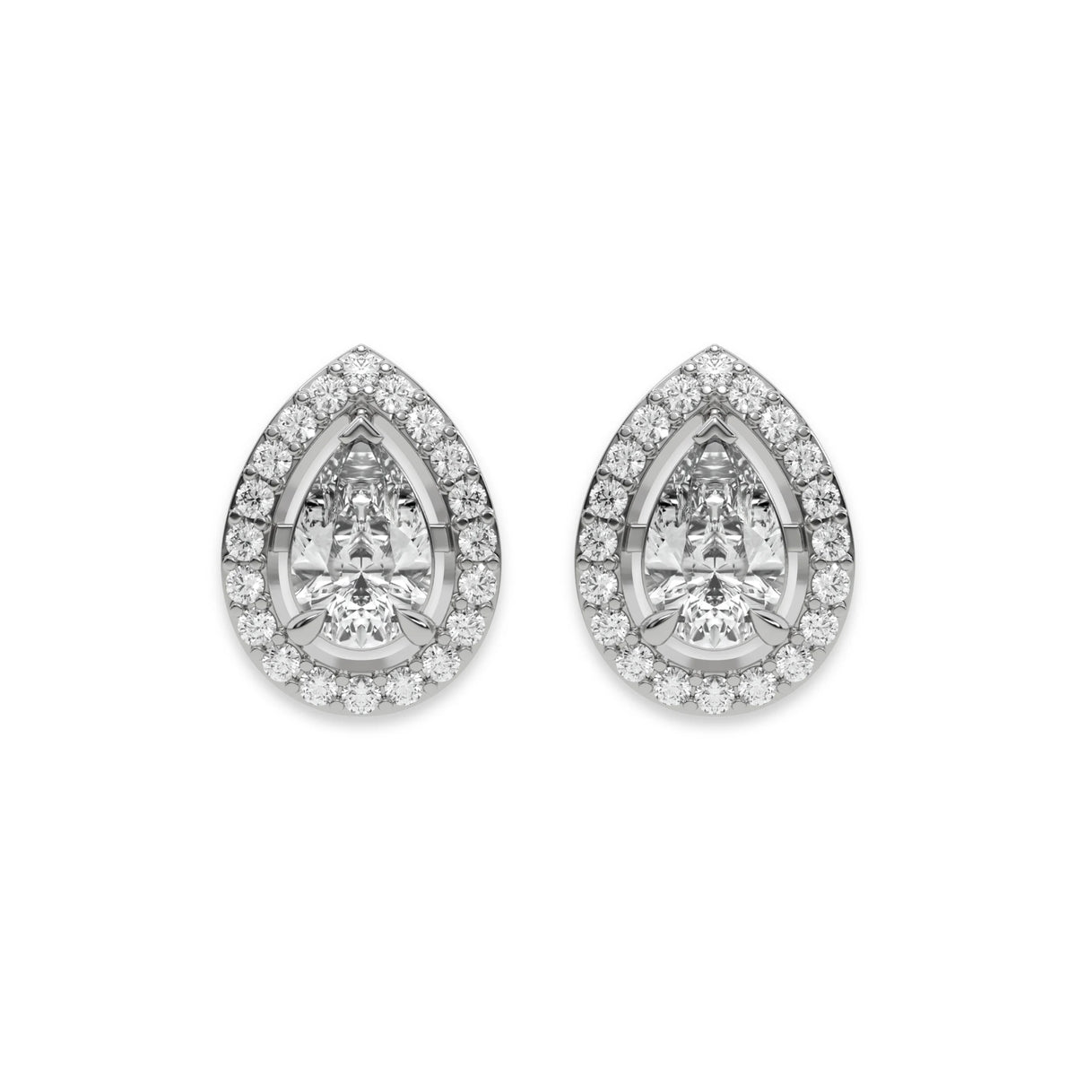 Pair of yellow gold pear-shaped halo setting solitaire diamond stud earrings in a round diamond pave set earring with shown from front view.
