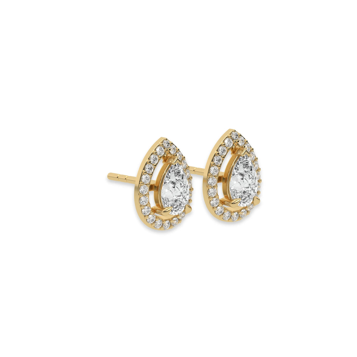 This yellow gold Classic Pear Diamond Halo Earrings made with a pear-cut solitaire diamonds set in a four prong setting in side view