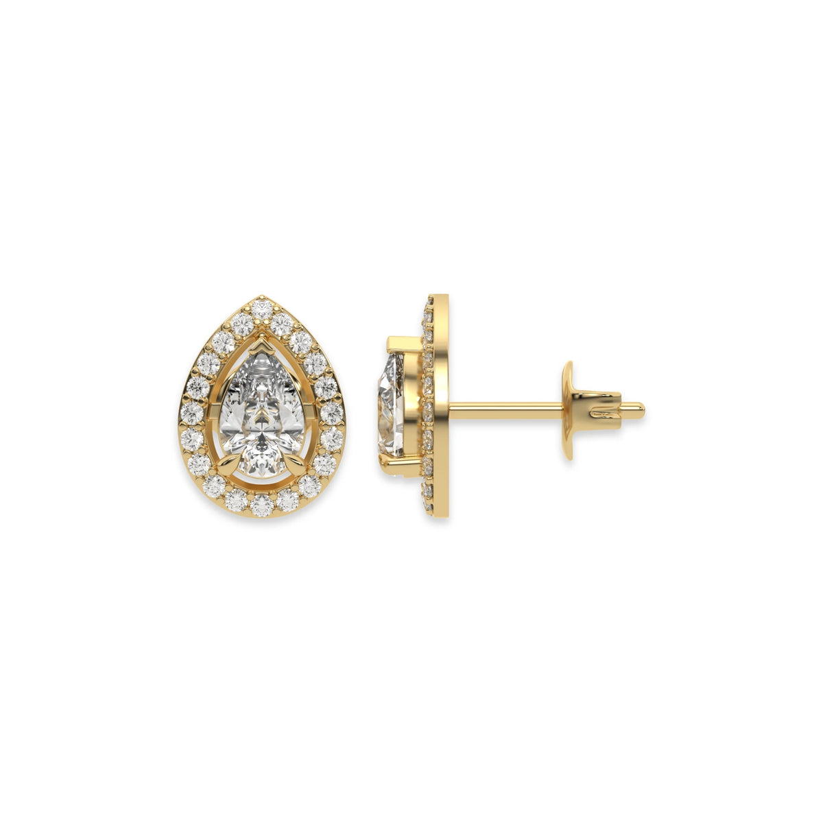 This yellow gold Classic Pear Diamond Halo Earrings made with a pear-cut solitaire diamonds set in a four prong setting in top view and side view