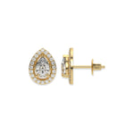 This yellow gold Classic Pear Diamond Halo Earrings made with a pear-cut solitaire diamonds set in a four prong setting in top view and side view