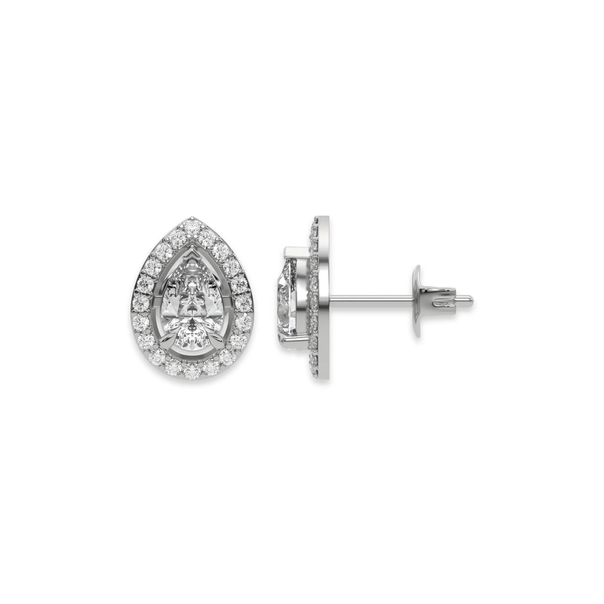 This white gold Classic Pear Diamond Halo Earrings made with a pear-cut solitaire diamonds set in a four prong setting in top view and side view