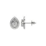 This white gold Classic Pear Diamond Halo Earrings made with a pear-cut solitaire diamonds set in a four prong setting in top view and side view