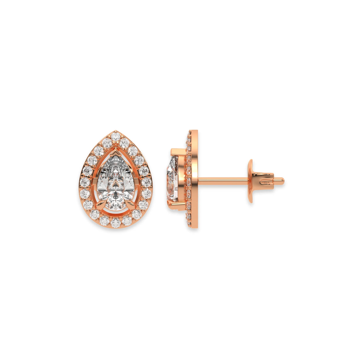 This rose gold Classic Pear Diamond Halo Earrings made with a pear-cut solitaire diamonds set in a four prong setting in top view and side view