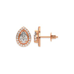 This rose gold Classic Pear Diamond Halo Earrings made with a pear-cut solitaire diamonds set in a four prong setting in top view and side view