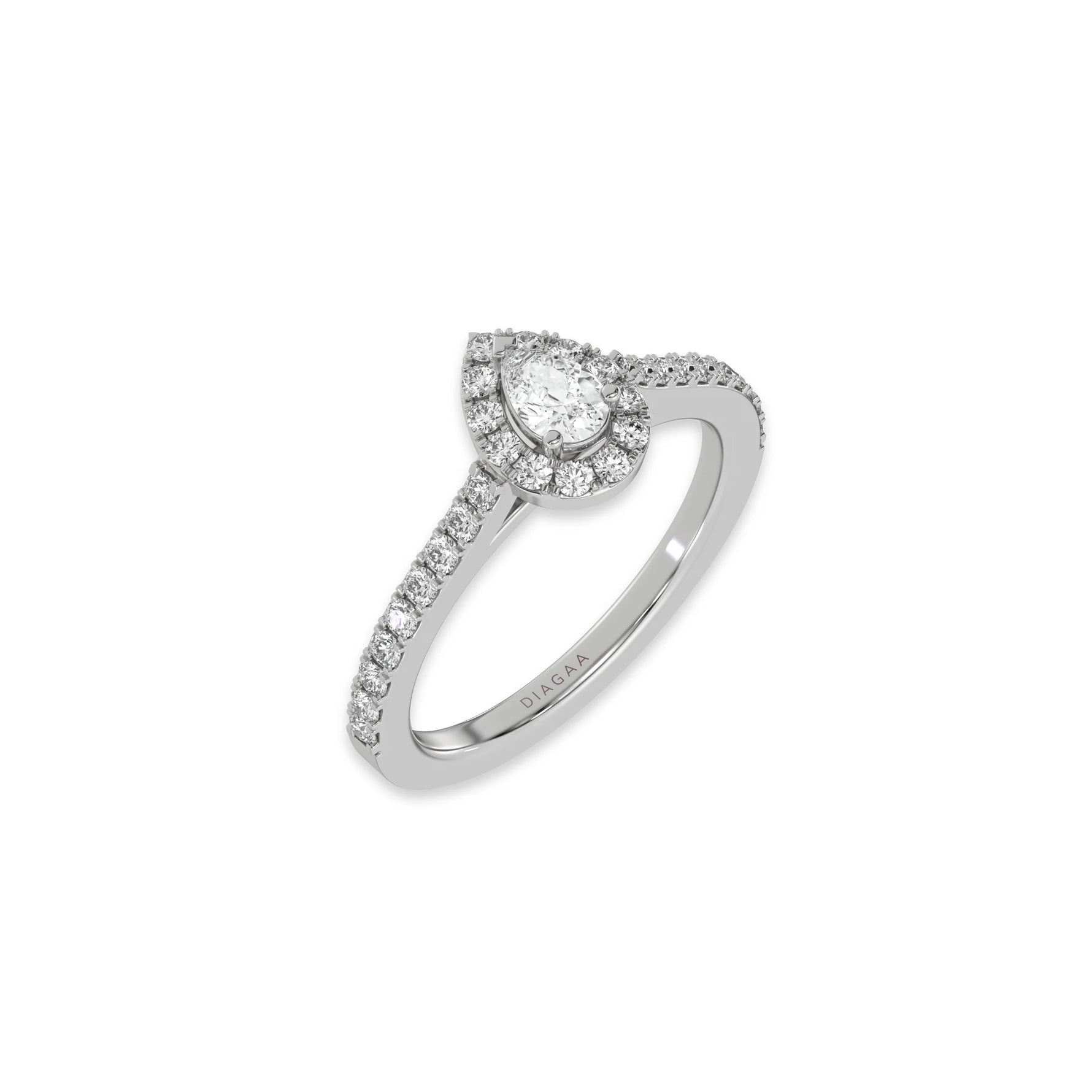 This white gold Pear Diamond Halo Engagement Ring is made with a pear solitaire diamond set in a four-prong setting, surrounded by a halo of round diamonds all set on a pave band in 3D view