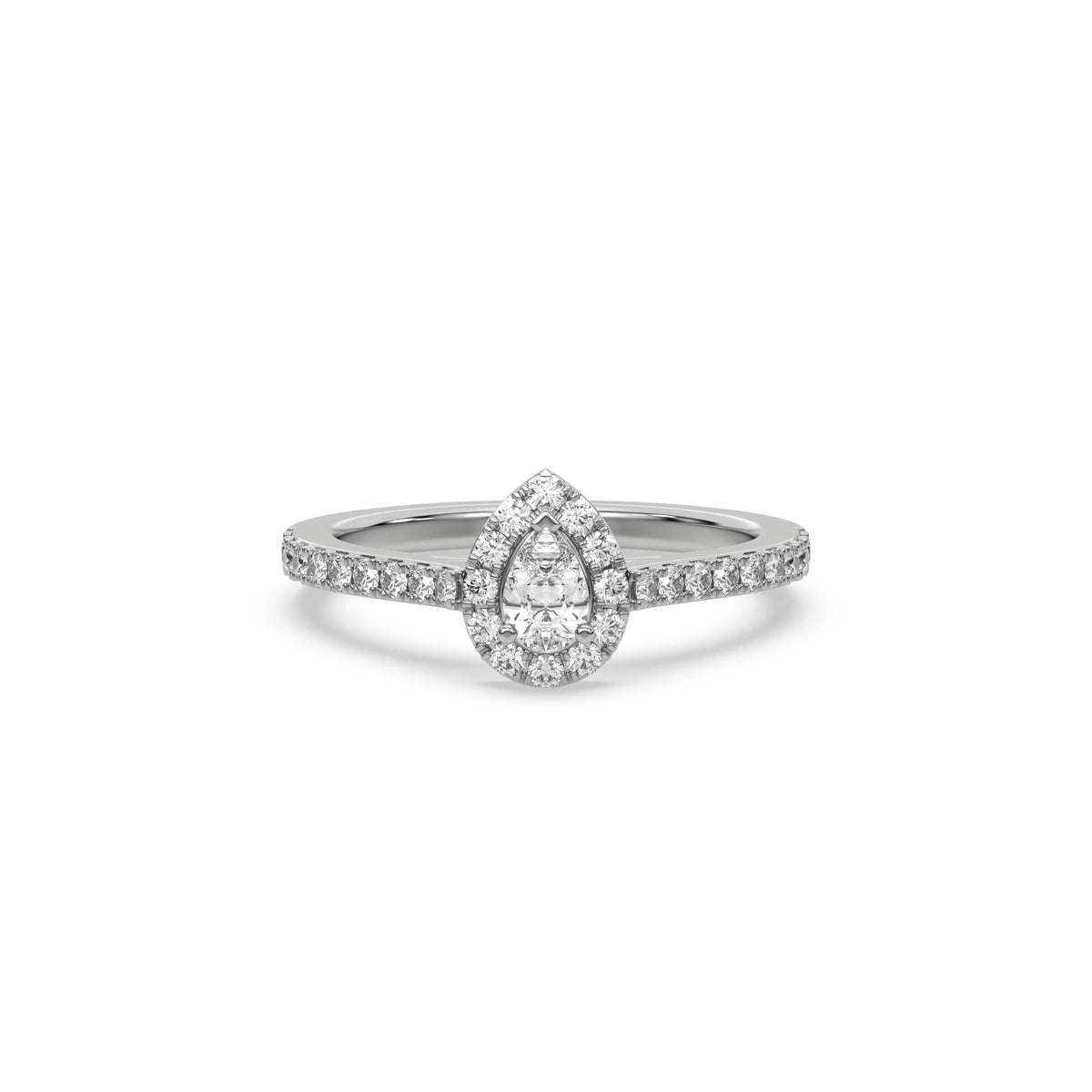 This white gold ring displayed in front view is made with a pear solitaire diamond set in four-prong setting