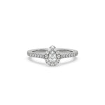 This white gold ring displayed in front view is made with a pear solitaire diamond set in four-prong setting