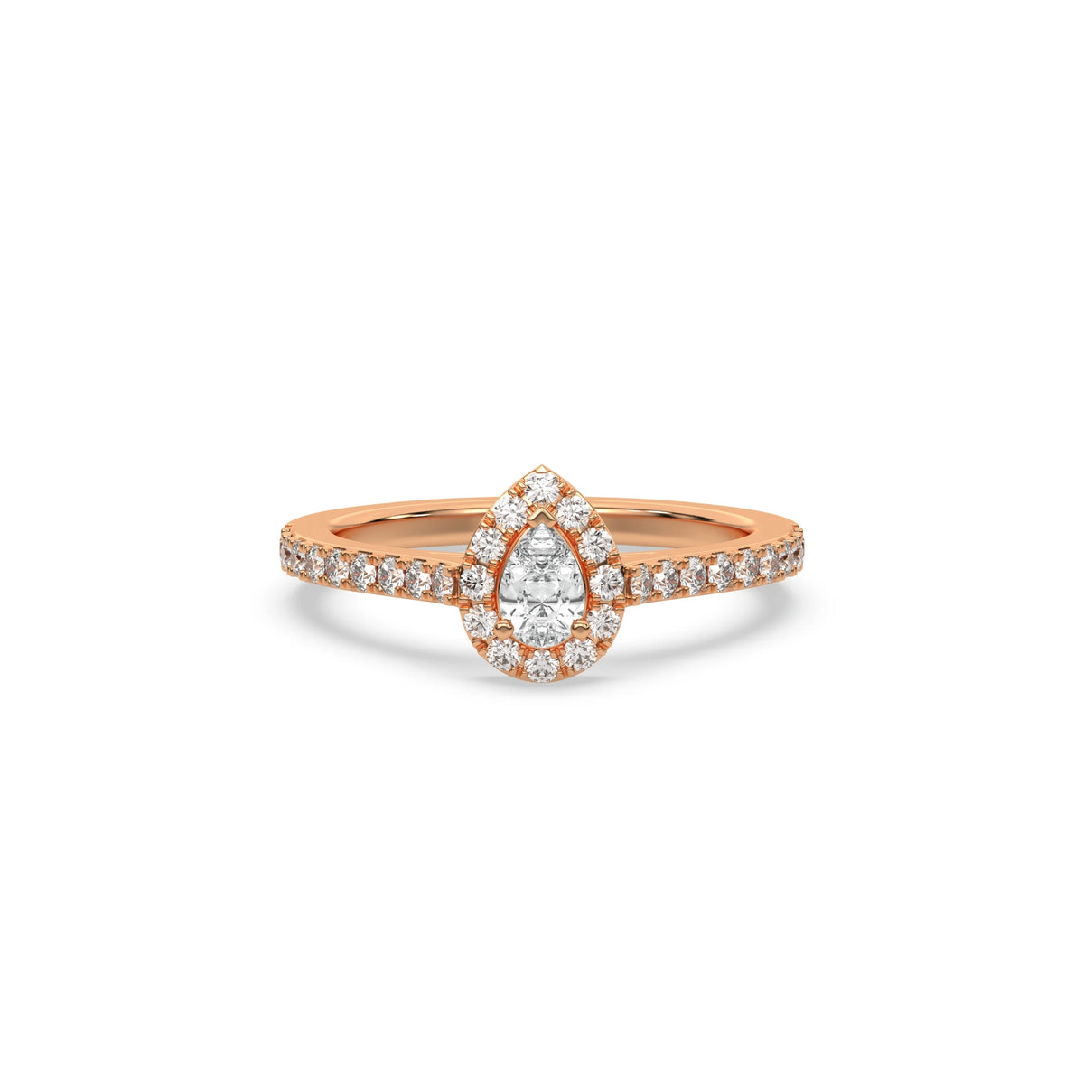 This rose gold ring displayed in front view is made with a pear solitaire diamond set in four-prong setting