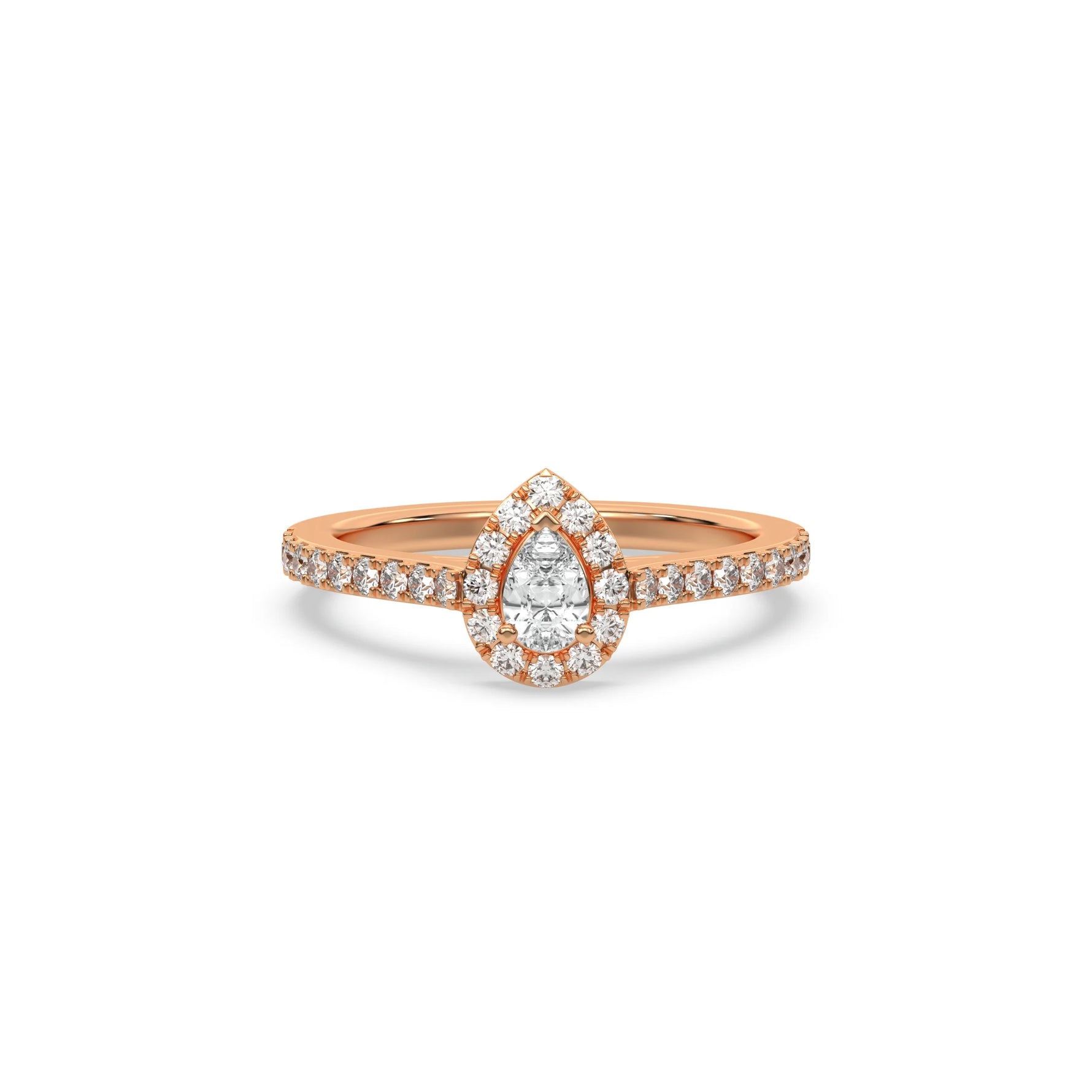 This rose gold ring displayed in front view is made with a pear solitaire diamond set in four-prong setting