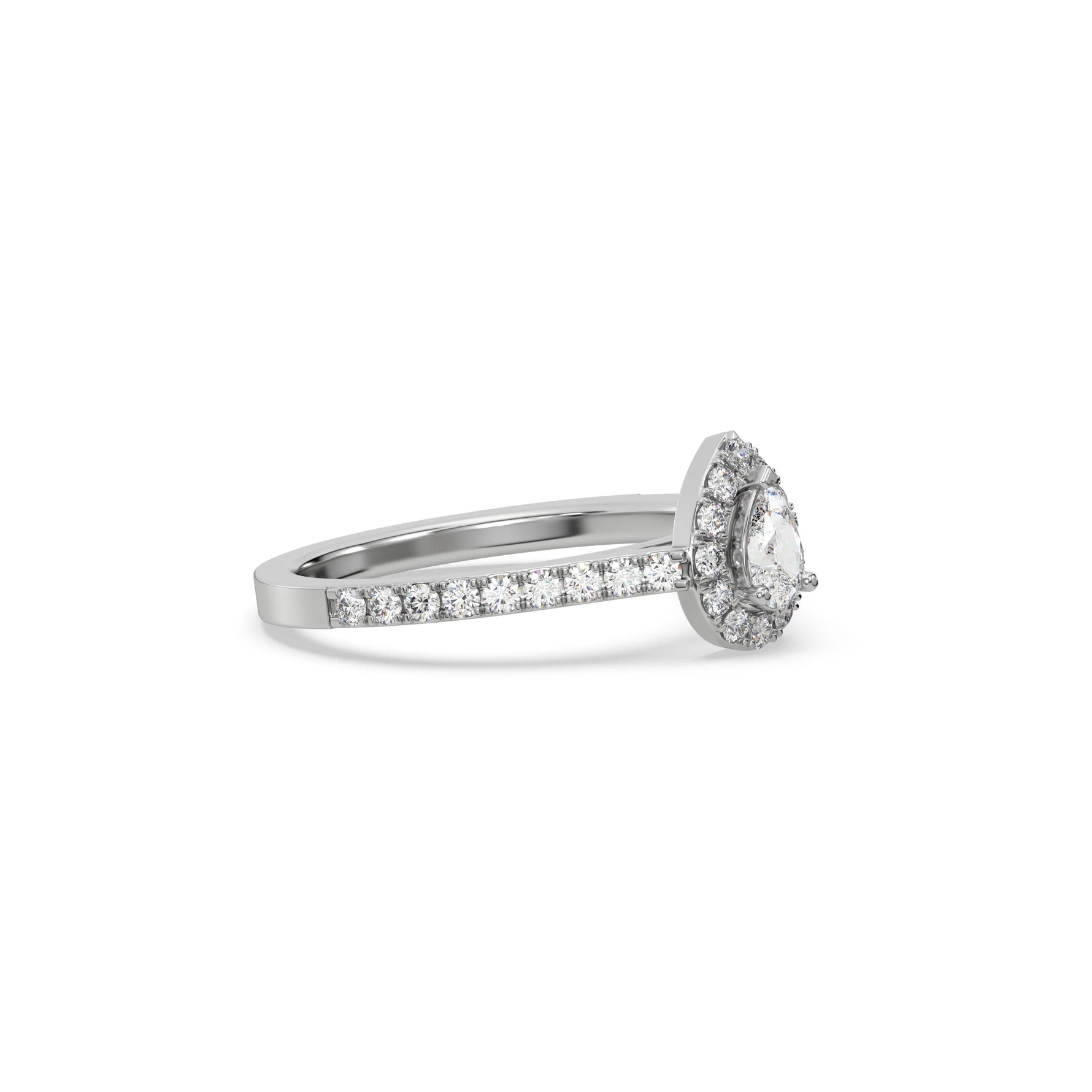 This white gold ring displayed in side view is made with a pear solitaire diamond set in four-prong setting