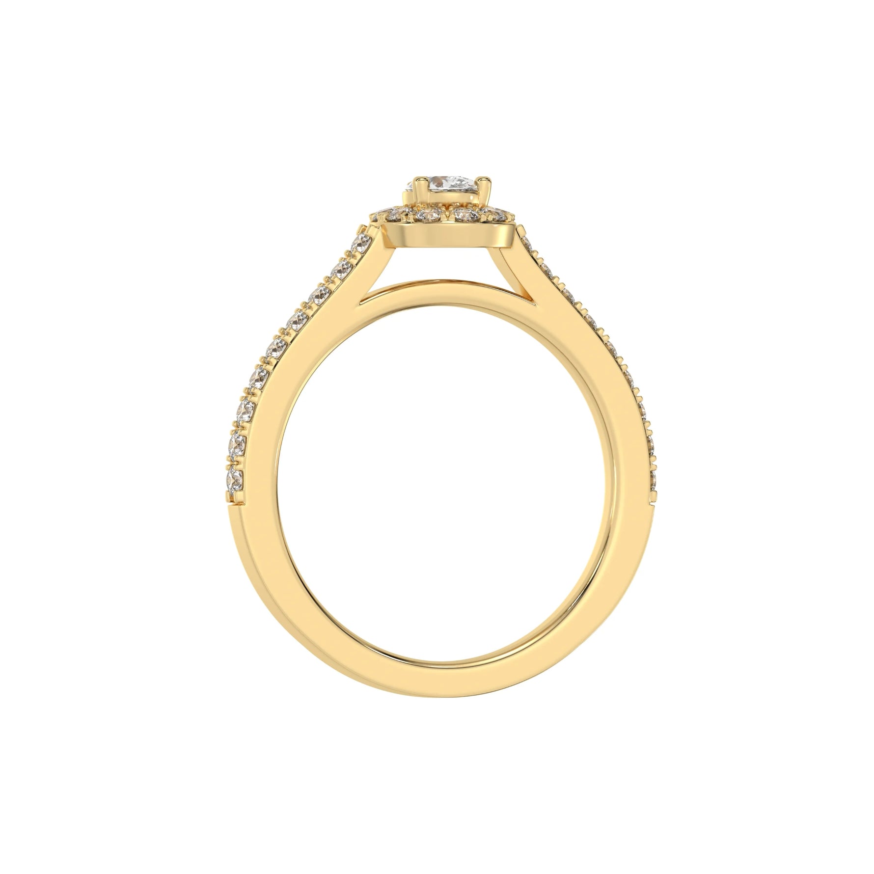 This yellow gold Pear Diamond Halo Engagement Ring is made with a pear solitaire diamond set in a four-prong setting, surrounded by a halo of round diamonds all set on a pave band in through finger view