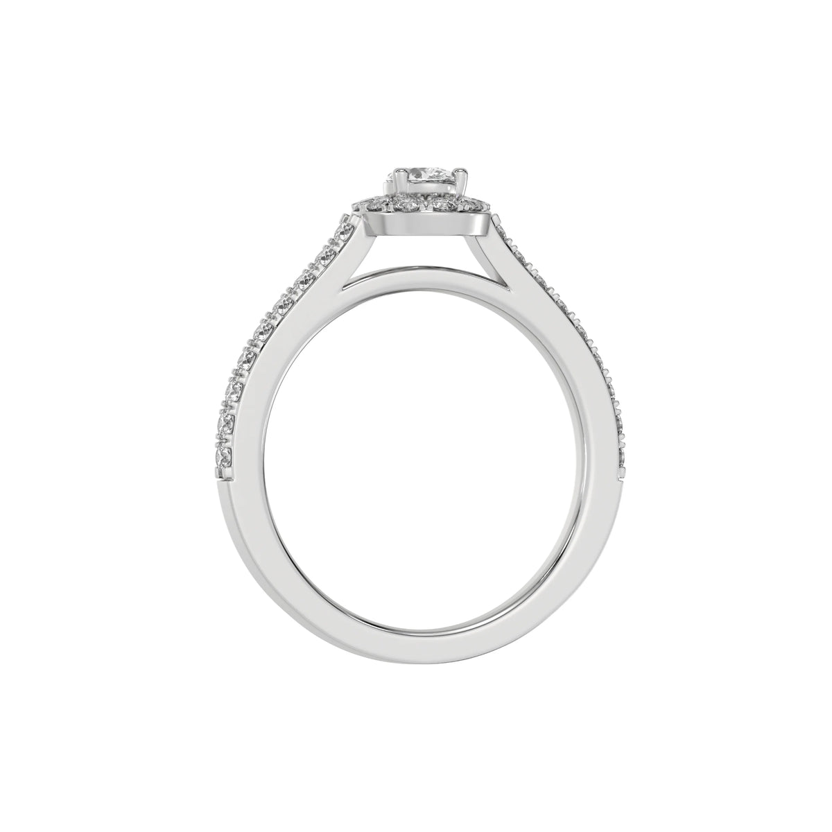 This white gold Pear Diamond Halo Engagement Ring is made with a pear solitaire diamond set in a four-prong setting, surrounded by a halo of round diamonds all set on a pave band in through finger view