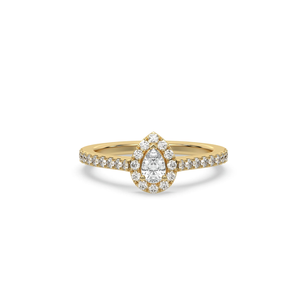 This yellow gold ring displayed in front view is made with a pear solitaire diamond set in four-prong setting