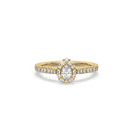 This yellow gold ring displayed in front view is made with a pear solitaire diamond set in four-prong setting