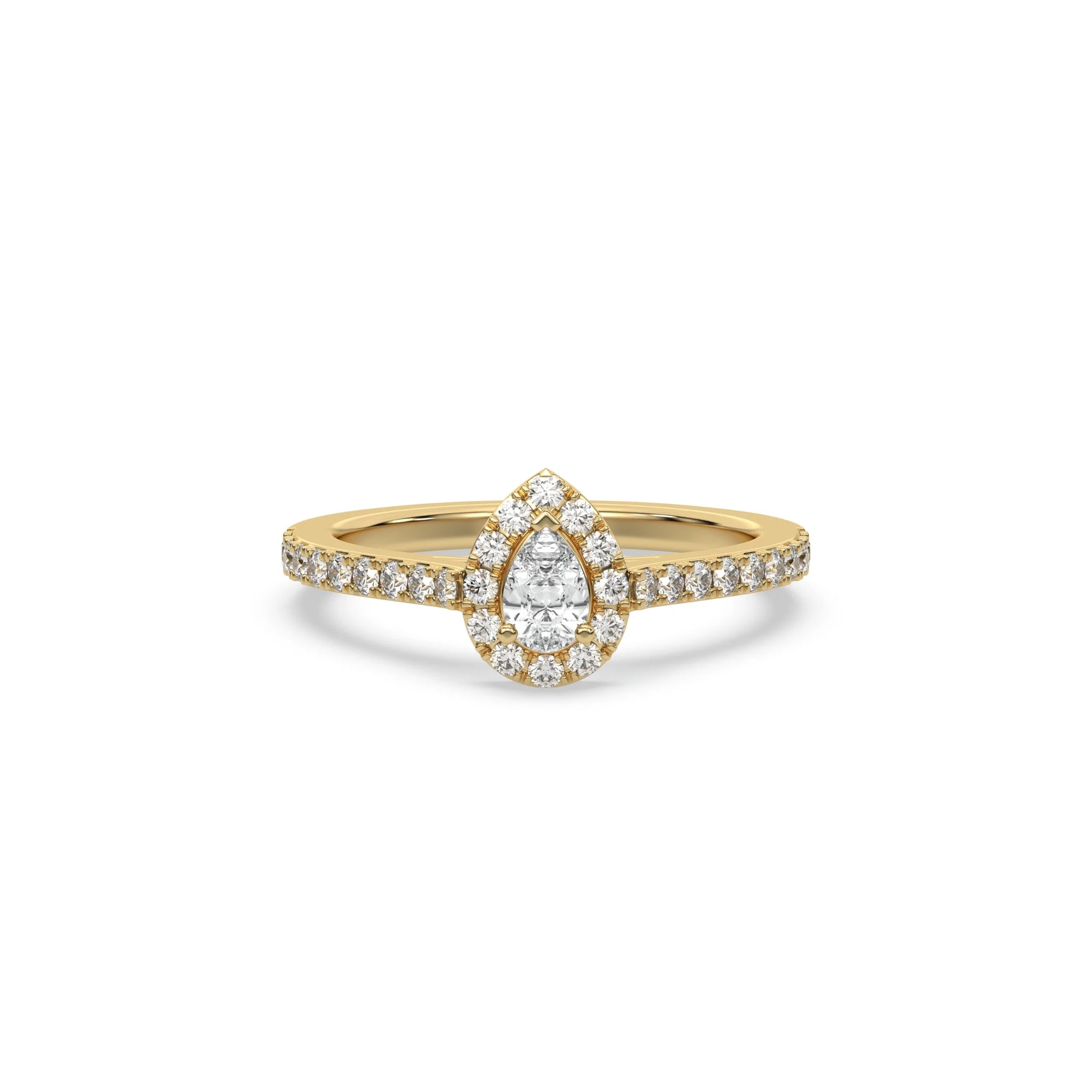 This yellow gold ring displayed in front view is made with a pear solitaire diamond set in four-prong setting