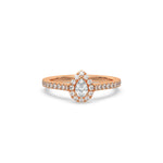 This rose gold ring displayed in front view is made with a pear solitaire diamond set in four-prong setting