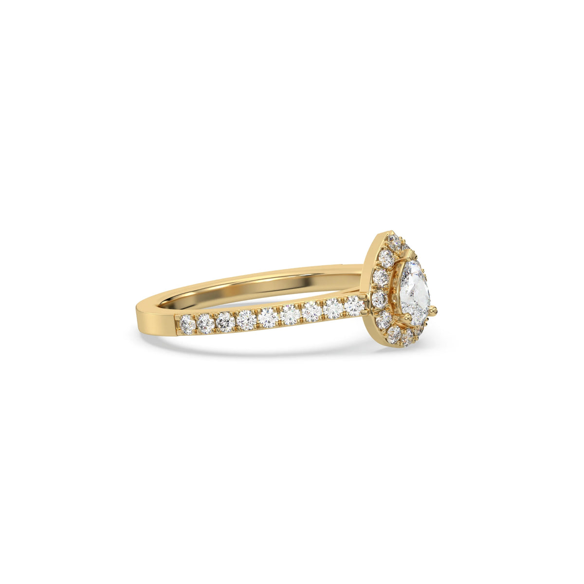 This yellow gold ring displayed in side view is made with a pear solitaire diamond set in four-prong setting