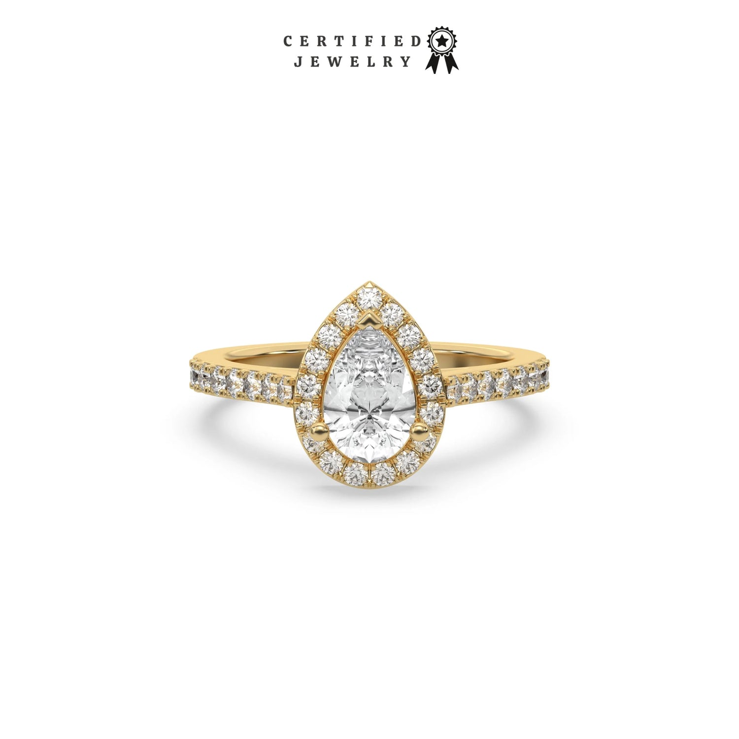 This yellow gold ring displayed in front view is made with a pear solitaire diamond set in four-prong setting