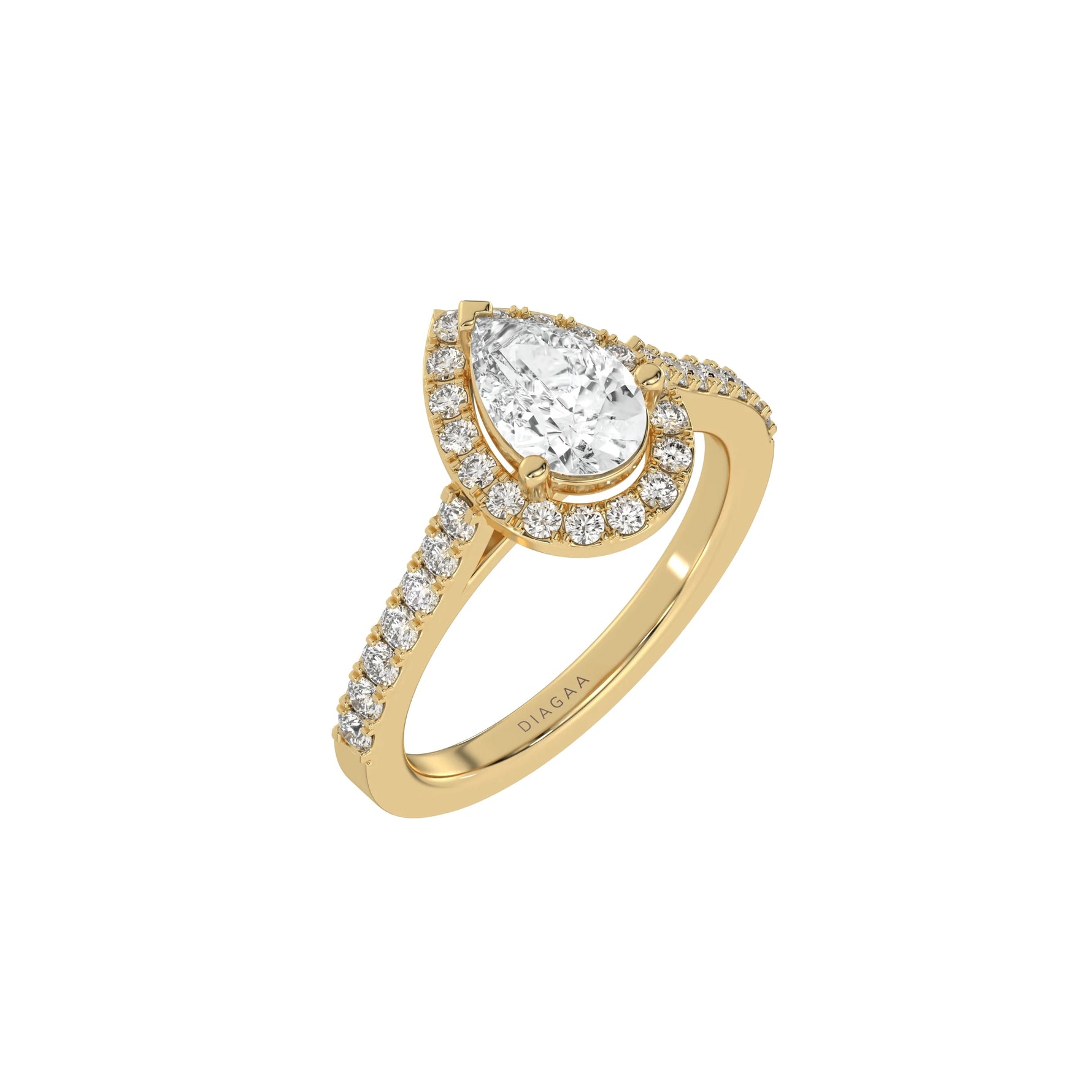 This yellow gold Pear Diamond Halo Engagement Ring is made with a pear solitaire diamond set in a four-prong setting, surrounded by a halo of round diamonds all set on a pave band in 3D view