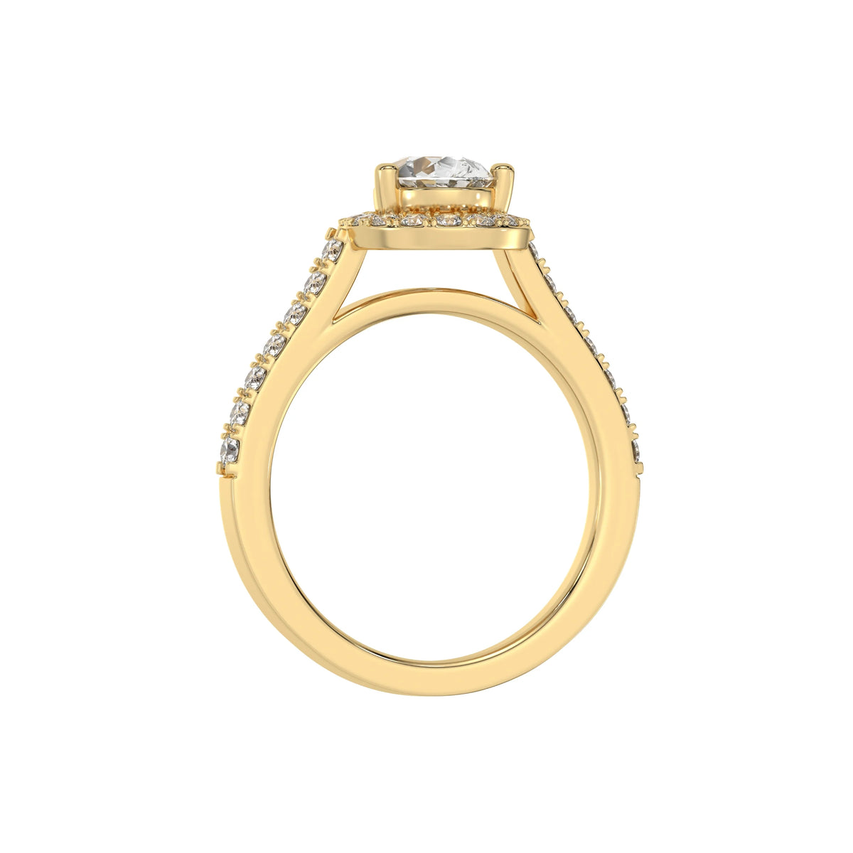 This yellow gold Pear Diamond Halo Engagement Ring is made with a pear solitaire diamond set in a four-prong setting, surrounded by a halo of round diamonds all set on a pave band in through finger view