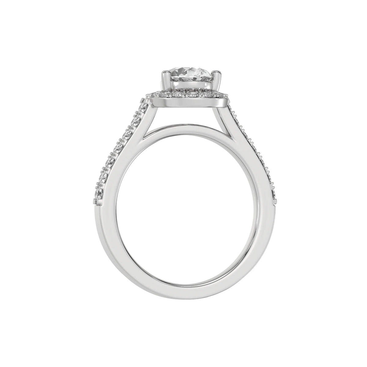 This white gold Pear Diamond Halo Engagement Ring is made with a pear solitaire diamond set in a four-prong setting, surrounded by a halo of round diamonds all set on a pave band in through finger view